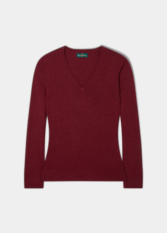 Isla Ladies Wool and Cashmere Vee Neck Jumper in Berry