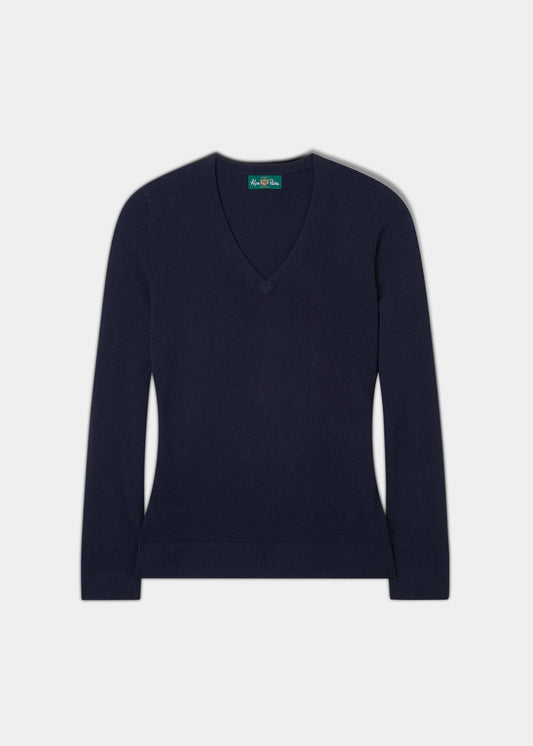 Isla Ladies Wool and Cashmere Vee Neck Jumper in Dark Navy