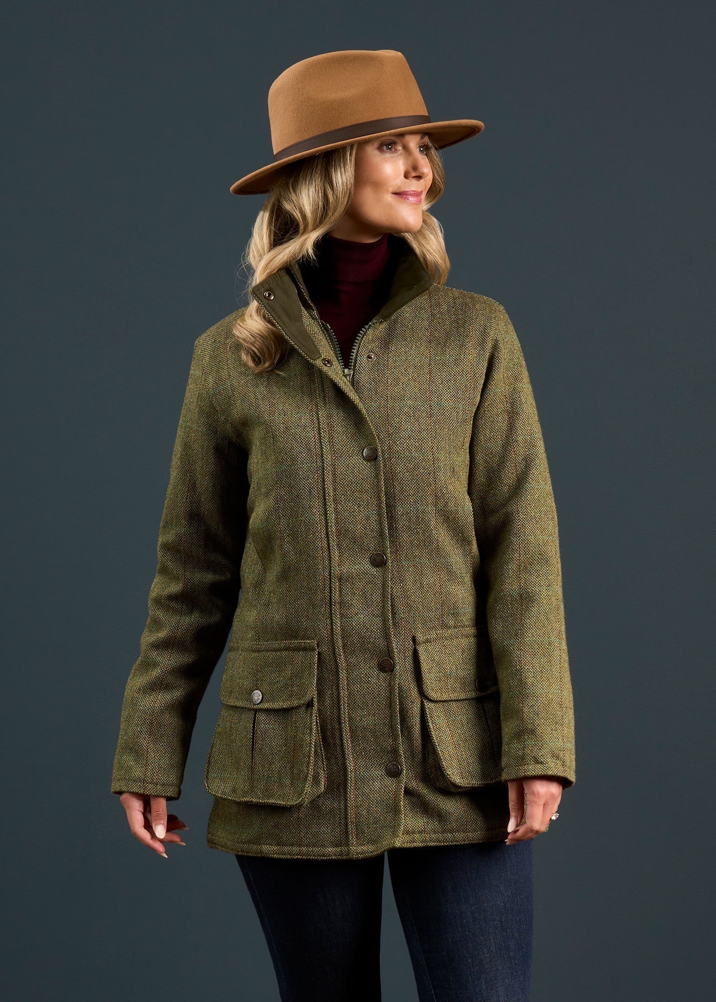 Rutland Ladies Tweed Waterproof Shooting Coat In Hemp